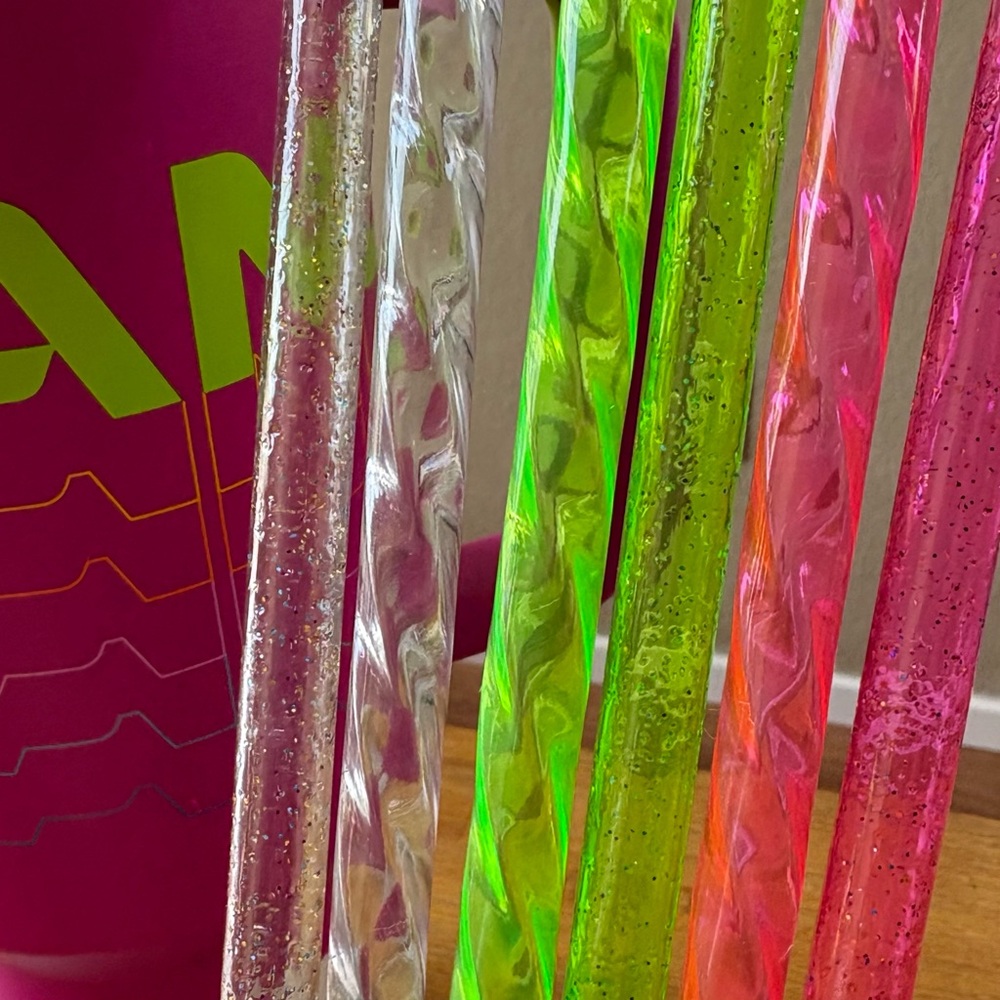 6-12” 10mm fat straw SET-Neon hot pink/clear-Fluorescent lime grn glitter-shiny